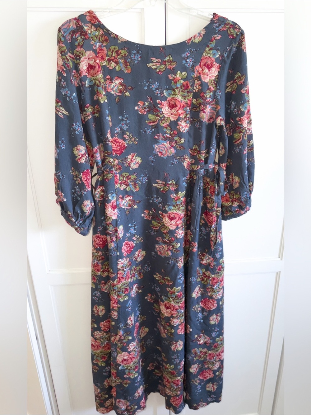 New! April Cornell Victorian Rose Slate Blue Midi Dress Pink Roses Side Ties - Picture 3 of 12